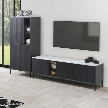 Meuble télé design imitation marbre noir mat 2 portes 1 tiroir 1 niche